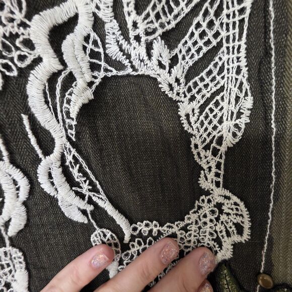 Boom Boom Jeans Jacket L Skull Green Floral Embroidered Button Military Style - Picture 14 of 14